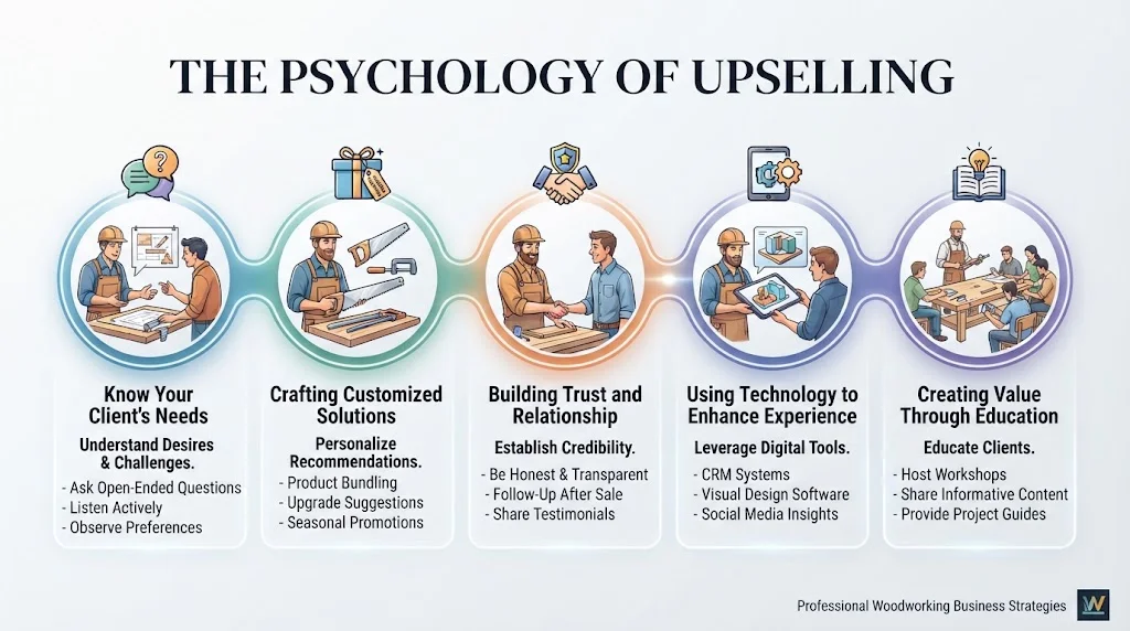 An infographic titled "THE PSYCHOLOGY OF UPSELLING" featuring five connected steps: Know Your Client's Needs, Crafting Customized Solutions, Building Trust and Relationship, Using Technology to Enhance Experience, and Creating Value Through Education.