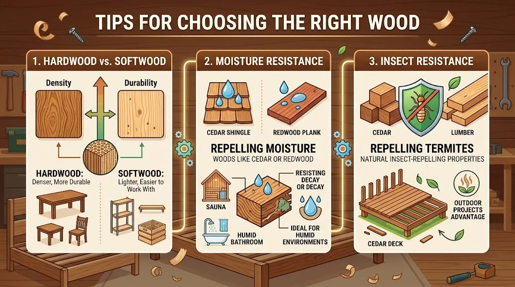 An infographic illustrating tips for choosing the right wood, comparing hardwood versus softwood, moisture resistance, and insect resistance.