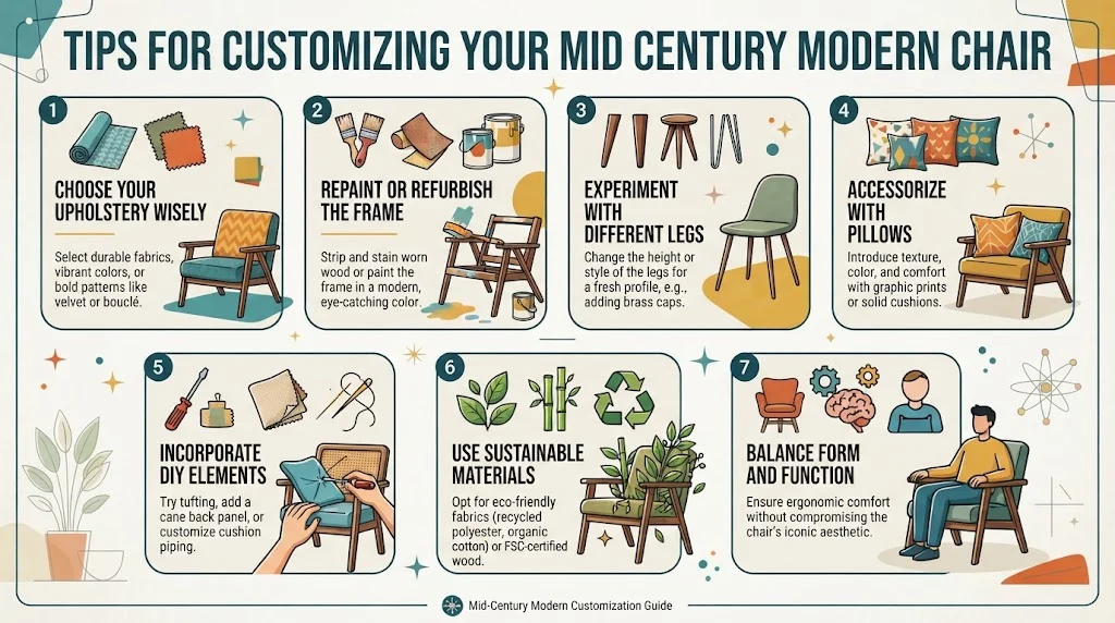 A 16:9 infographic titled "Tips for Customizing Your Mid Century Modern Chair" featuring seven numbered illustrated steps: choosing upholstery, repainting frames, changing legs, adding pillows, incorporating DIY elements, using sustainable materials, and balancing form and function.