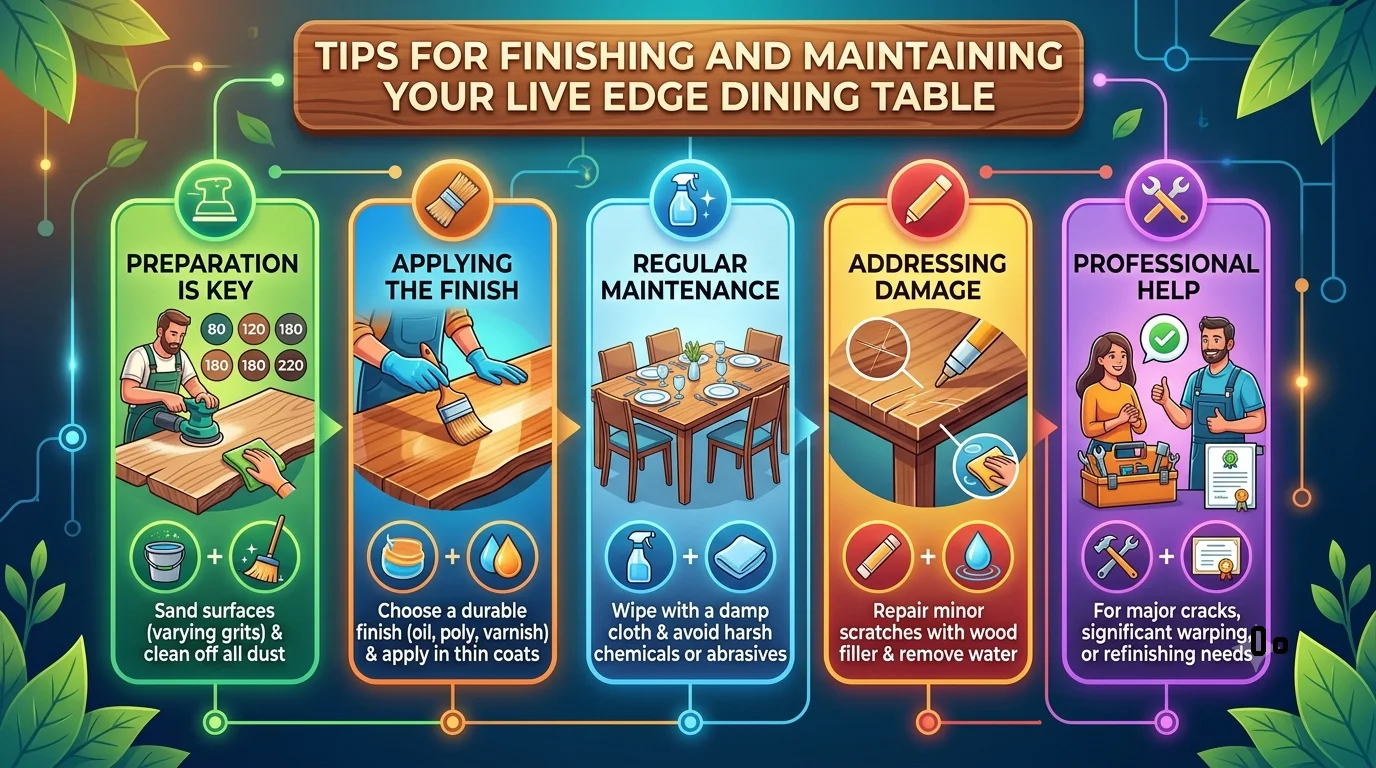 An infographic detailing tips for finishing and maintaining a live edge dining table.