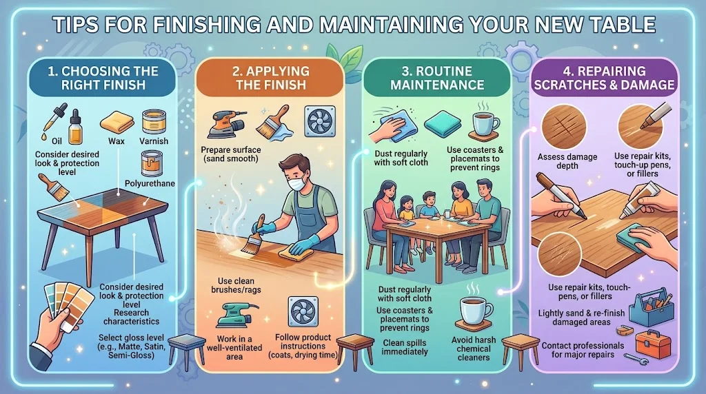 Infographic in a 16:9 ratio providing four tips for finishing and maintaining a new wooden table: choosing the right finish, applying the finish, routine maintenance, and repairing scratches and damage.