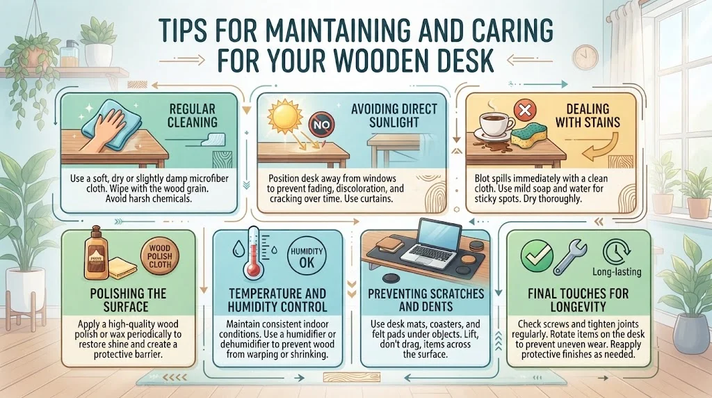 An infographic in a 16:9 ratio titled "Tips for Maintaining and Caring for Your Wooden Desk," featuring seven illustrated sections with icons and text covering regular cleaning, sunlight avoidance, stain removal, polishing, humidity control, preventing scratches, and longevity tips.