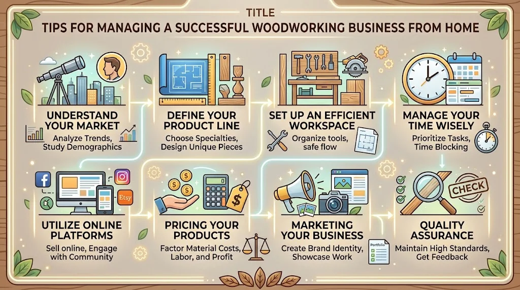Infographic titled "Tips for Managing a Successful Woodworking Business from Home" displaying an eight-step path with icons covering market research, product lines, workspace setup, time management, online platforms, pricing, marketing, and quality assurance.