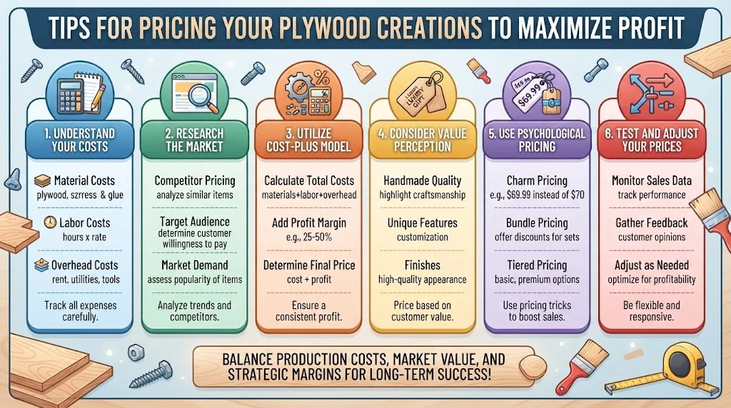 An infographic outlining six essential steps for pricing plywood woodworking projects, from calculating costs and researching markets to applying value perception and psychological pricing.