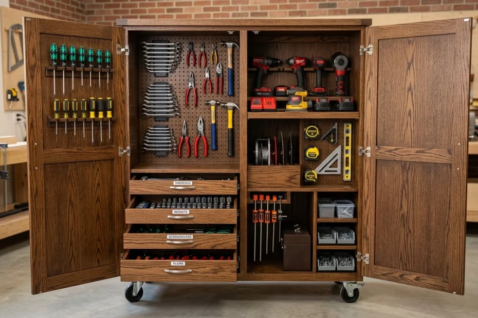 A completed wooden tool storage cabinet with open doors, neatly organized with tools and equipment in a workshop setting.