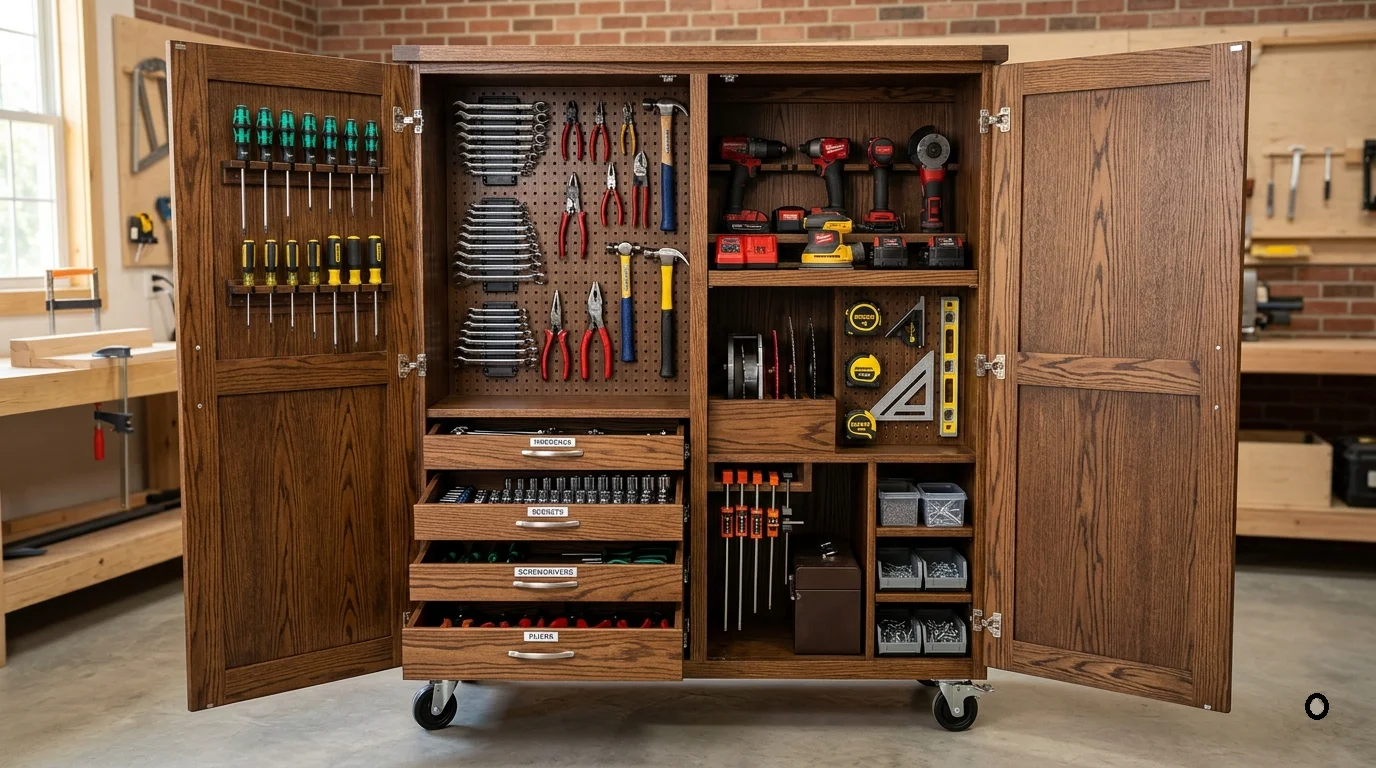 A completed wooden tool storage cabinet with open doors, neatly organized with tools and equipment in a workshop setting.