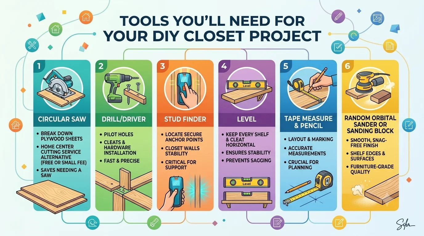 An infographic illustrating six essential tools needed for a DIY wood closet organizer build.