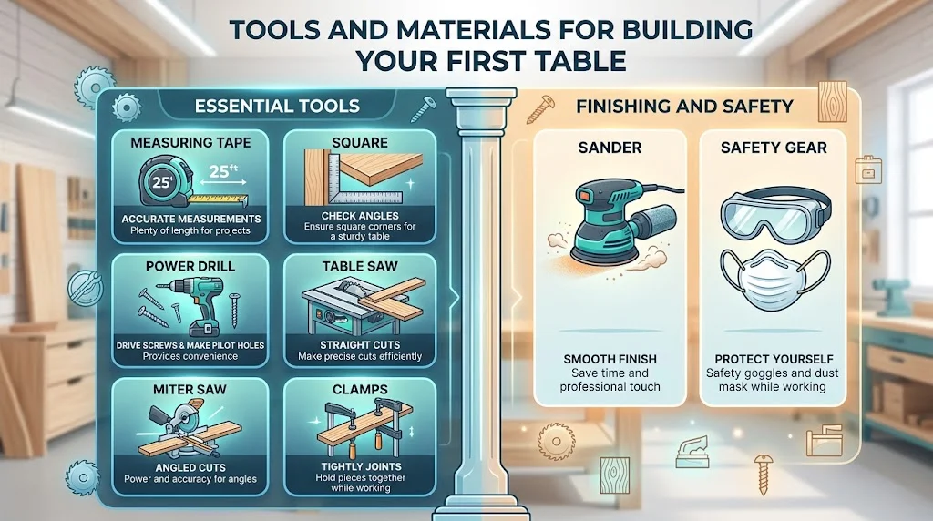 Infographic outlining essential woodworking tools and safety gear needed for building a table.