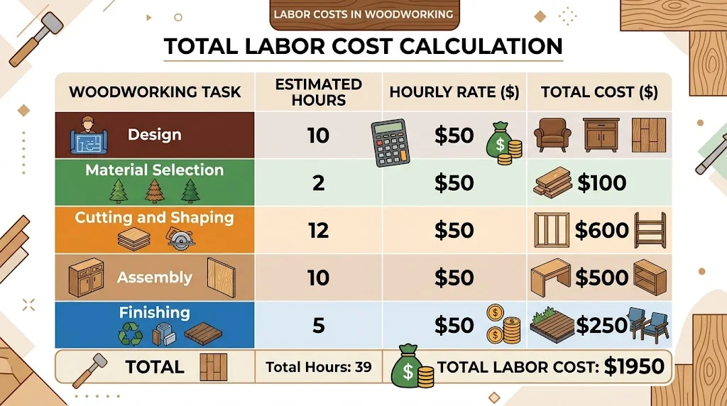 An infographic titled "TOTAL LABOR COST CALCULATION" breaking down woodworking tasks, hours, rates, and costs.