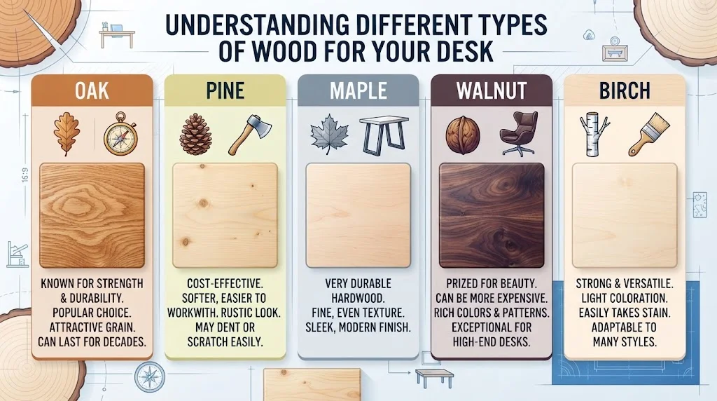 Infographic comparing oak, pine, maple, walnut, and birch wood types for building a desk.