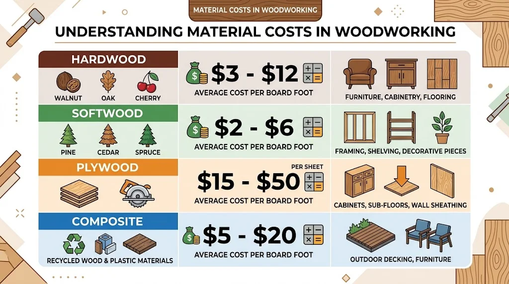 An infographic table detailing woodworking material costs across four categories: Hardwood ($3–$12), Softwood ($2–$6), Plywood ($15–$50 per sheet), and Composite ($5–$20), with examples of wood types and illustrated common uses.