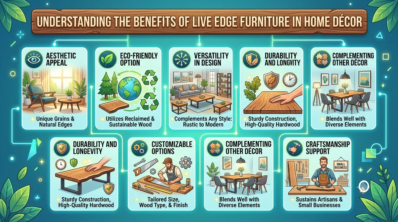 Infographic detailing the benefits of live edge furniture for home decor.