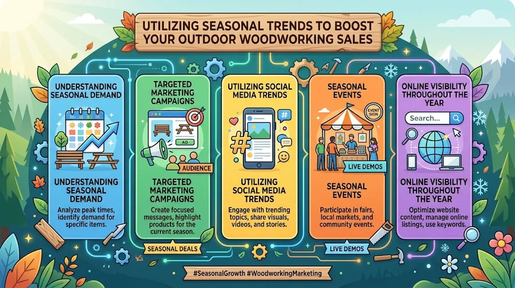 Infographic detailing five strategies for using seasonal trends to increase outdoor woodworking sales.