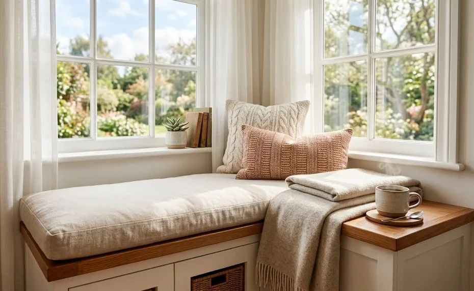 Sunlit built-in window seat with storage.