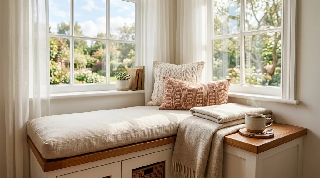 Sunlit built-in window seat with storage.