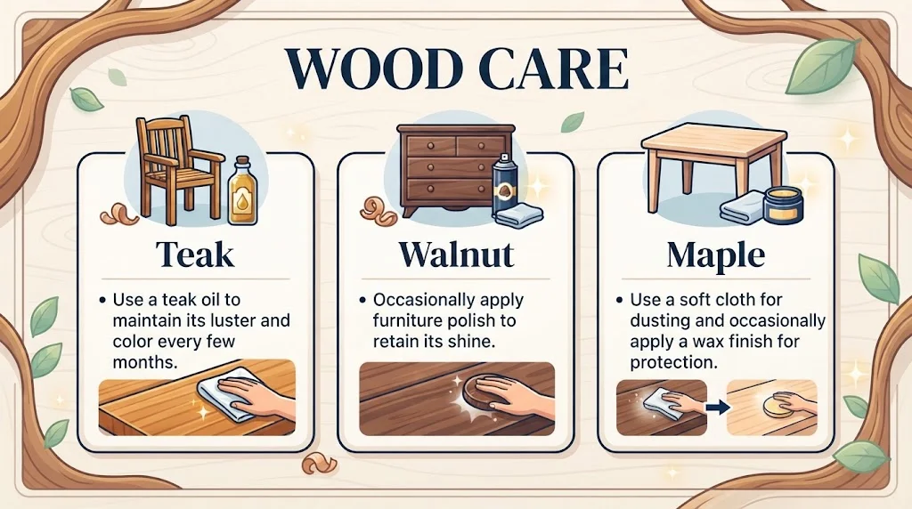 An infographic titled "WOOD CARE" in a decorative wooden frame, featuring three panels with illustrations and instructions for Teak, Walnut, and Maple furniture.