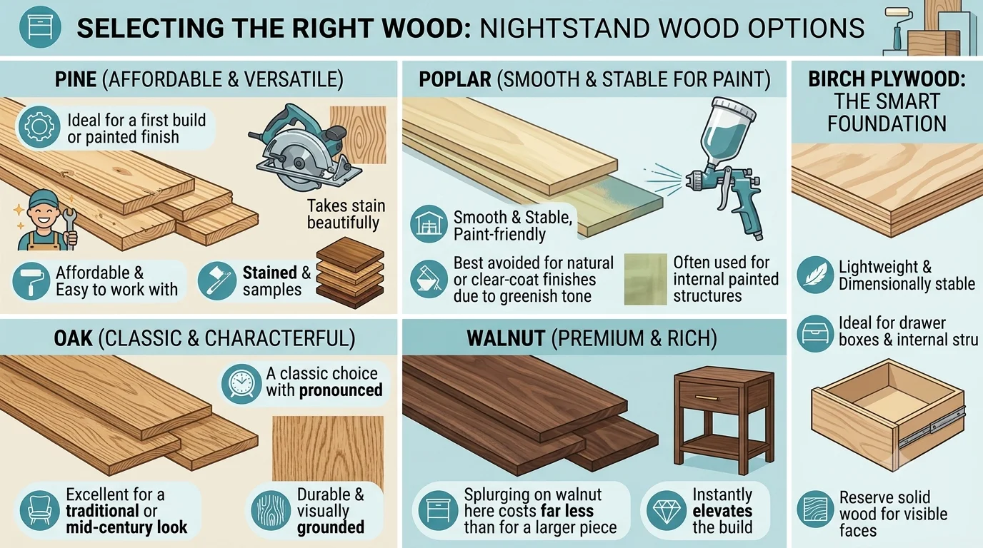 An infographic titled 'Selecting the Right Wood: Nightstand Wood Options' illustrating five materials: Pine, Poplar, Oak, Walnut, and Birch Plywood with key characteristics for each.