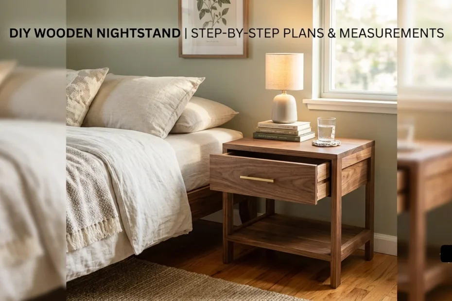 A styled handmade wooden nightstand with an open drawer sitting next to a cozy bed.