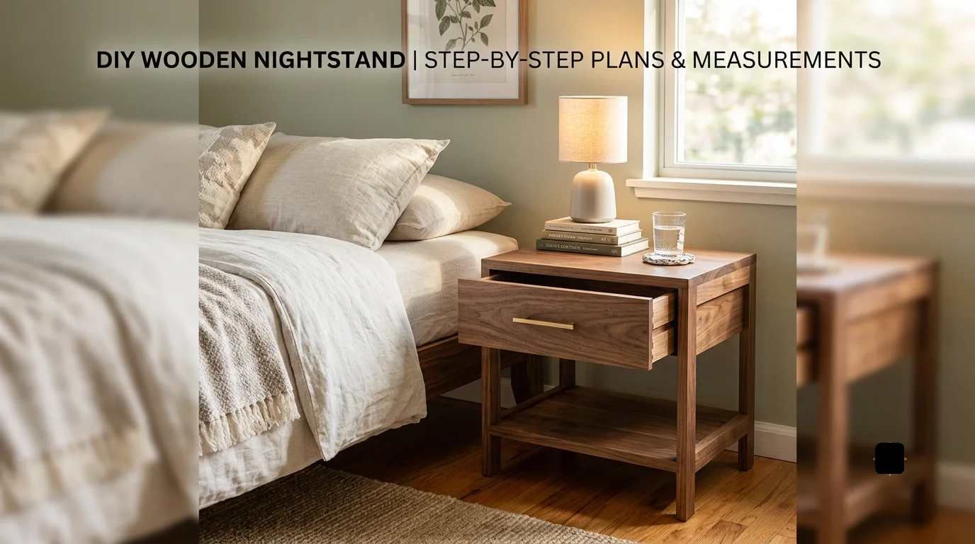A styled handmade wooden nightstand with an open drawer sitting next to a cozy bed.
