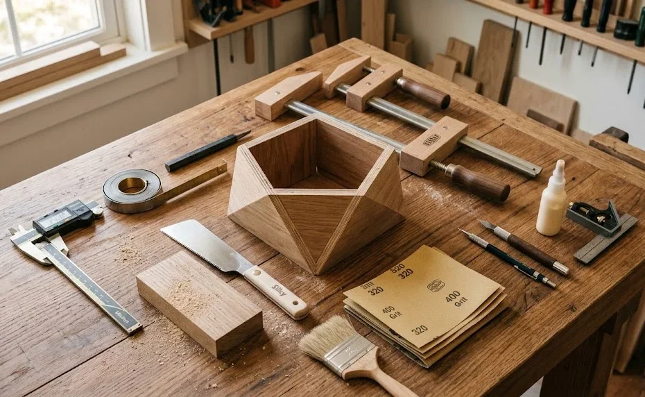 High-angle view of a wooden workbench with a geometric plywood planter, woodworking tools, fine sandpaper, and brass calipers.