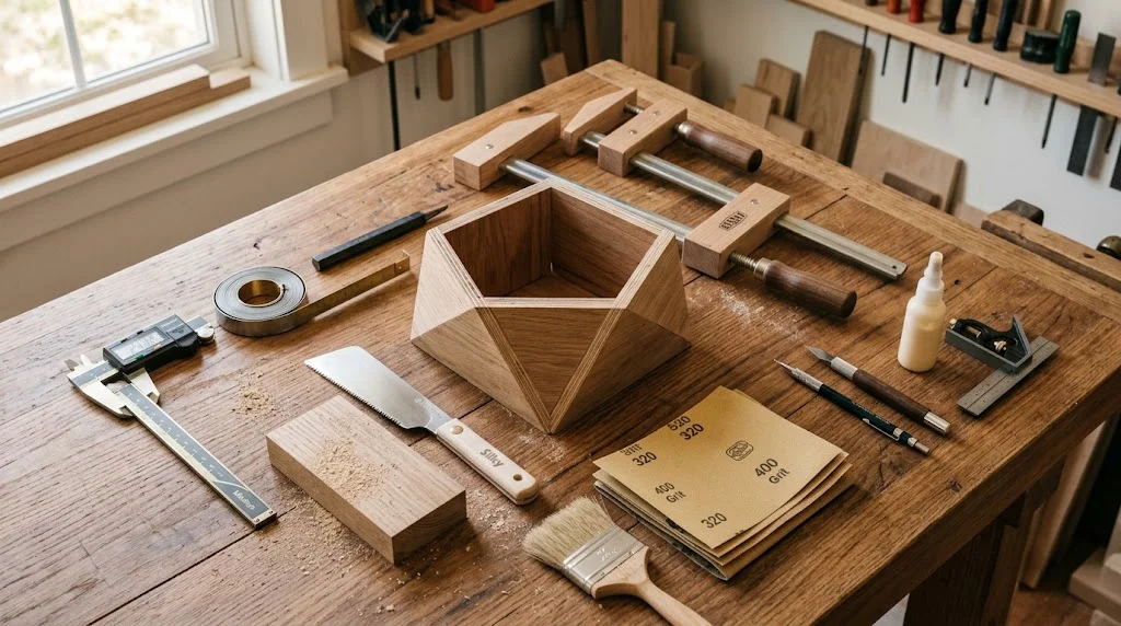 High-angle view of a wooden workbench with a geometric plywood planter, woodworking tools, fine sandpaper, and brass calipers.