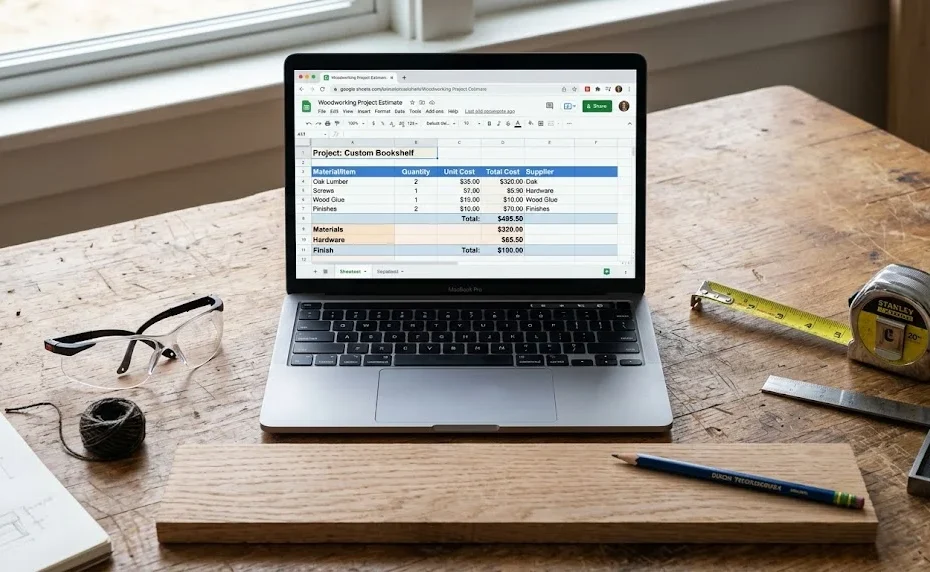 A laptop showing a "Woodworking Project Estimate" spreadsheet rests on a rustic wooden workbench, flanked by safety glasses, a tape measure, a pencil, and a plank of wood.