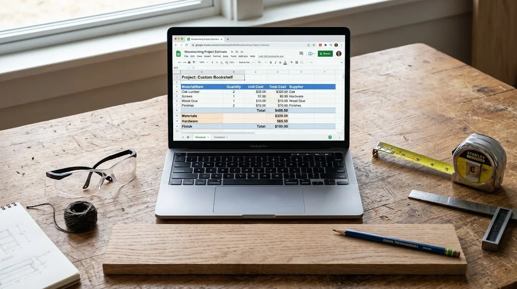 A laptop showing a "Woodworking Project Estimate" spreadsheet rests on a rustic wooden workbench, flanked by safety glasses, a tape measure, a pencil, and a plank of wood.