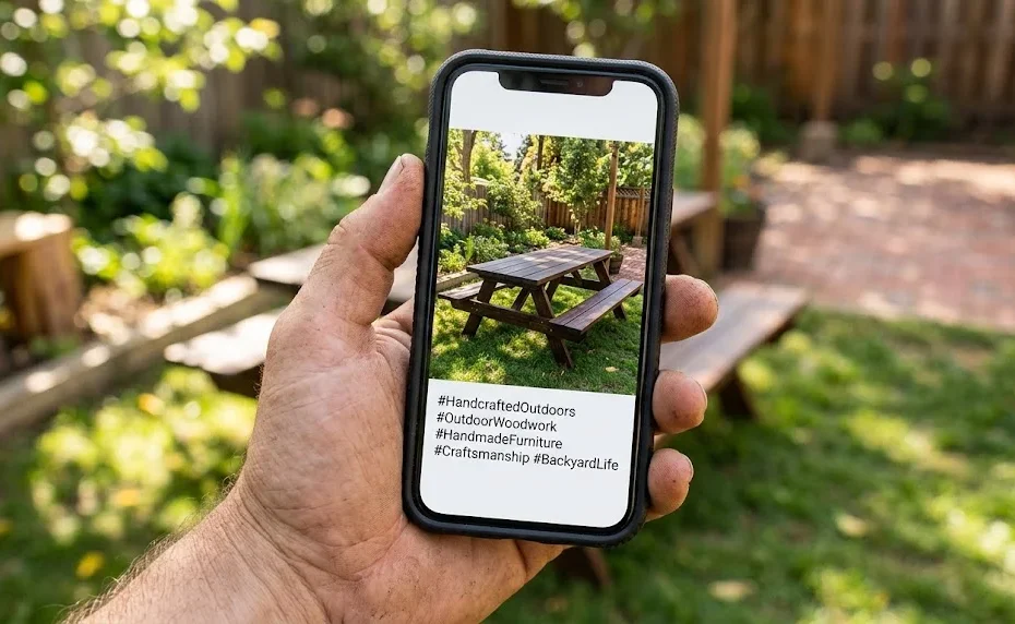 Hand holding a smartphone displaying a social media post of a wooden picnic table outdoors.