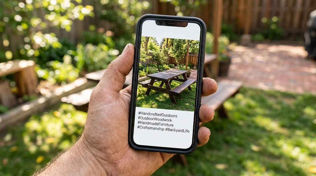 Hand holding a smartphone displaying a social media post of a wooden picnic table outdoors.