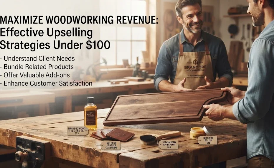 A 16:9 workshop scene showing a woodworker discussing an upsell bundle of a wooden cutting board with finishing oil and accessories for under $100 with a client.
