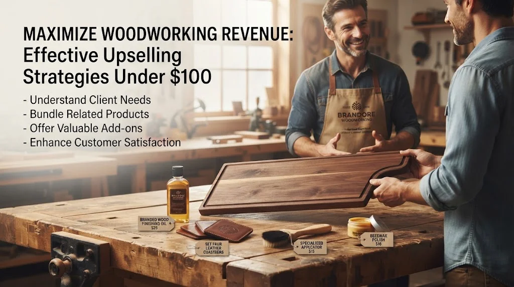 A 16:9 workshop scene showing a woodworker discussing an upsell bundle of a wooden cutting board with finishing oil and accessories for under $100 with a client.