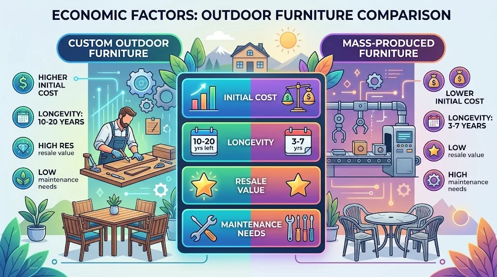 An infographic titled "ECONOMIC FACTORS: OUTDOOR FURNITURE COMPARISON" contrasts Custom Outdoor Furniture (left) and Mass-Produced Furniture (right).