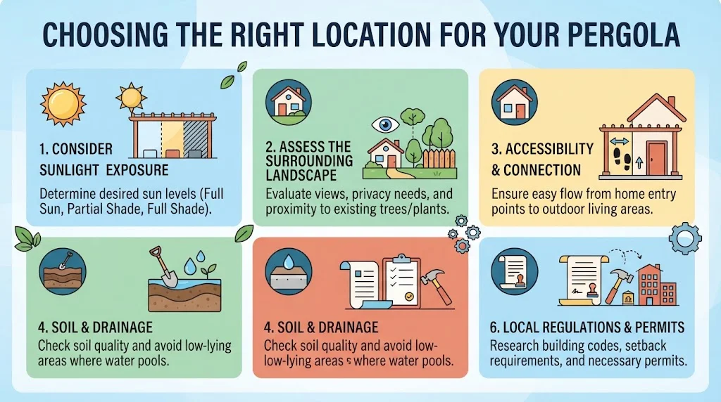 An infographic titled "Choosing the Right Location for Your Pergola" featuring six numbered, illustrated sections on sunlight exposure, landscape, accessibility, soil and drainage, and local regulations and permits.