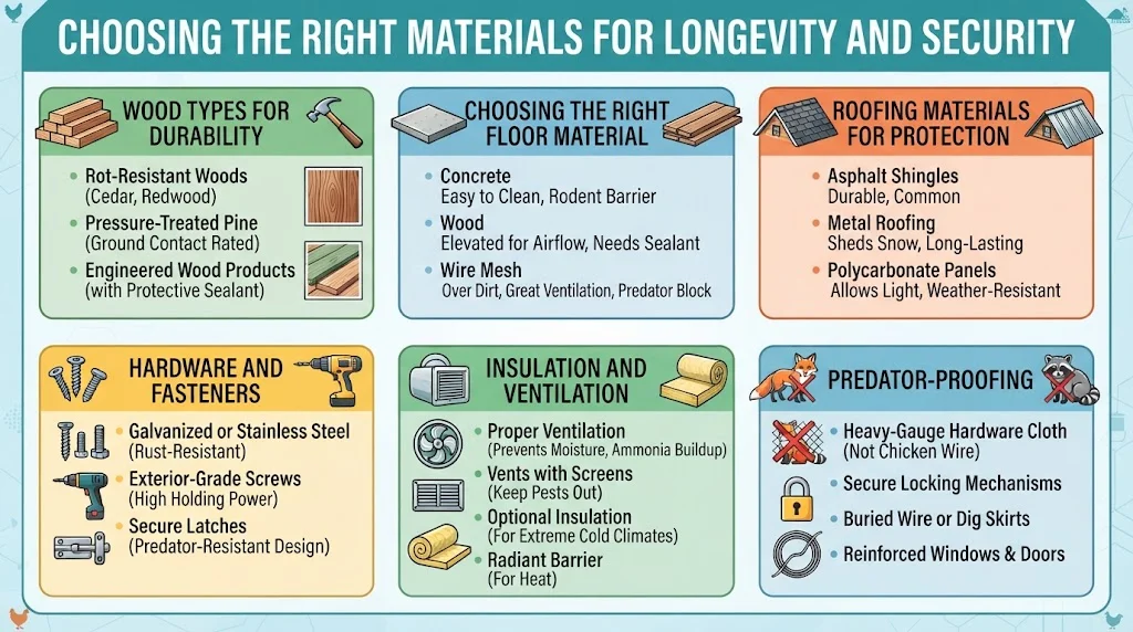 An infographic titled 'Choosing the Right Materials for Longevity and Security' is divided into six sections with icons and bulleted text: Wood Types for Durability, Choosing the Right Floor Material, Roofing Materials for Protection, Hardware and Fasteners, Insulation and Ventilation, and Predator-proofing.
