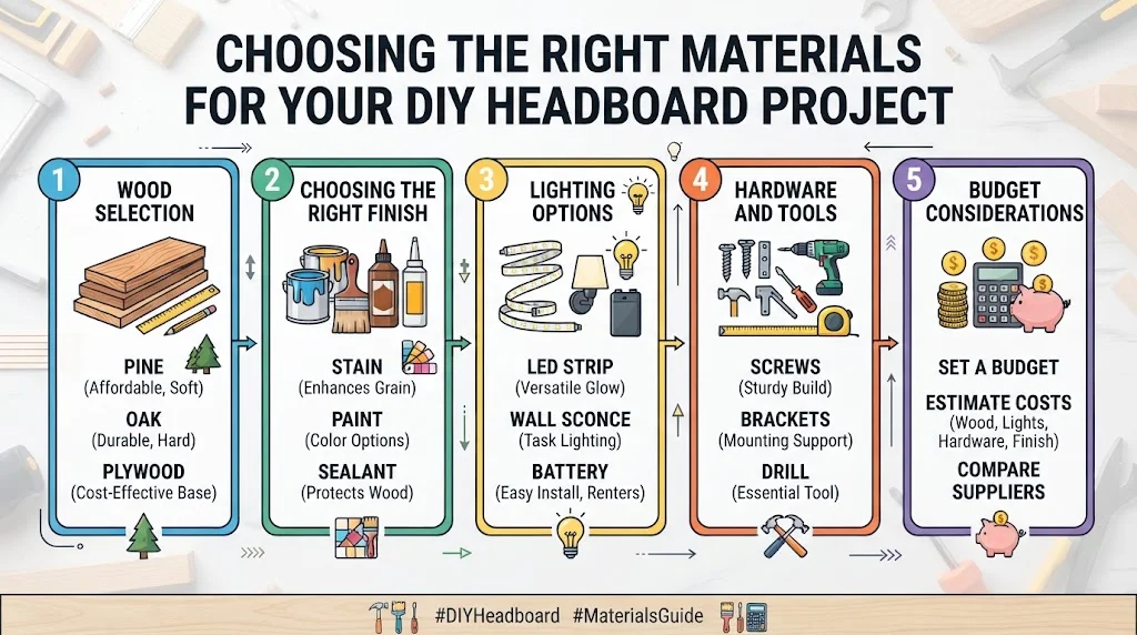 An infographic titled "Choosing the Right Materials for Your DIY Headboard Project" outlining five key sections: wood selection, finishes, lighting options, hardware and tools, and budget considerations.