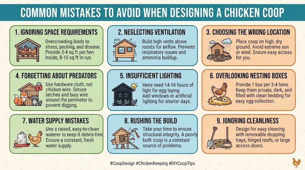 An infographic titled 'COMMON MISTAKES TO AVOID WHEN DESIGNING A CHICKEN COOP' is presented in a 3x3 grid of nine illustrated panels. Each panel features a number, a title, a small icon depicting the mistake, and a brief explanation. The topics cover issues like space requirements, ventilation, location, predators, lighting, nesting boxes, water supply, build quality, and cleanliness. The overall style is clean vector illustration in a warm, inviting color palette.