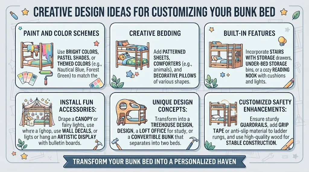 An infographic titled "CREATIVE DESIGN IDEAS FOR CUSTOMIZING YOUR BUNK BED," displaying six illustrated panels with descriptive text