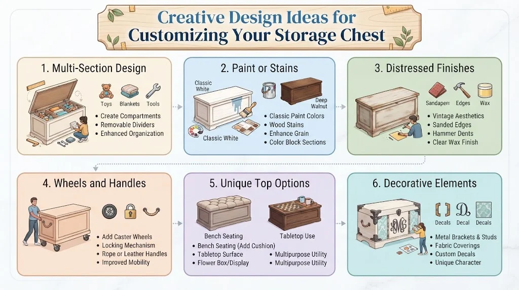 An infographic titled "Creative Design Ideas for Customizing Your Storage Chest" is presented in a clean illustration style, organized into six numbered panels.