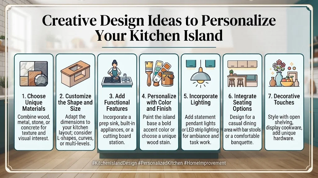 An infographic titled "Creative Design Ideas to Personalize Your Kitchen Island" featuring seven numbered panels. Each panel includes an icon and descriptive text for: 1. Unique Materials, 2. Shape and Size, 3. Functional Features, 4. Color and Finish, 5. Lighting, 6. Seating Options, and 7. Decorative Touches. The background is a blurred kitchen.