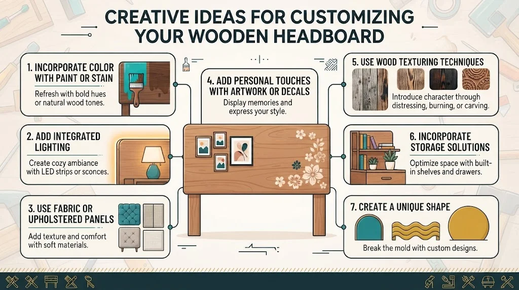 An infographic titled "Creative Ideas for Customizing Your Wooden Headboard" featuring seven illustrated points ranging from paint and integrated lighting to unique shapes and storage solutions.