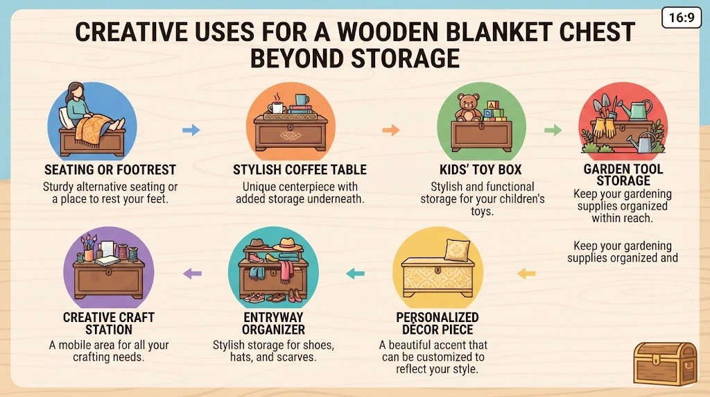 give me short alt text

Infographic illustrating creative uses for a wooden blanket chest, including seating, coffee tables, toy boxes, garden storage, craft stations, entryway organizers, and decor pieces.  