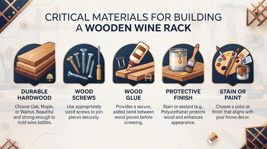 An infographic titled "CRITICAL MATERIALS FOR BUILDING A WOODEN WINE RACK," featuring five illustrated sections with text: Durable Hardwood, Wood Screws, Wood Glue, Protective Finish, and Stain or Paint. The background is light grey with a faint workshop pattern
