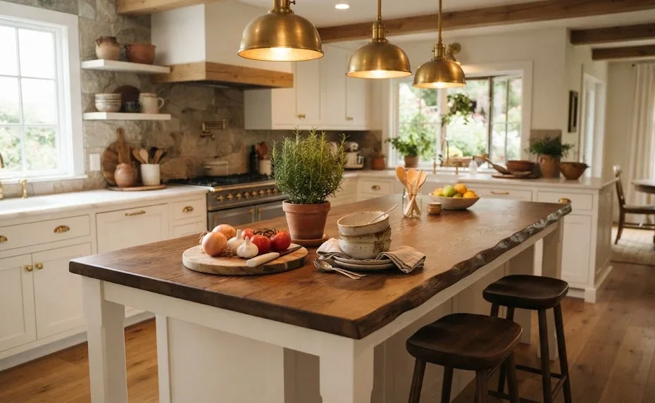 A wide-angle photo of a solid wood kitchen island featuring a potted herb plant, a cutting board with produce, and warm brass pendant lights overhead.