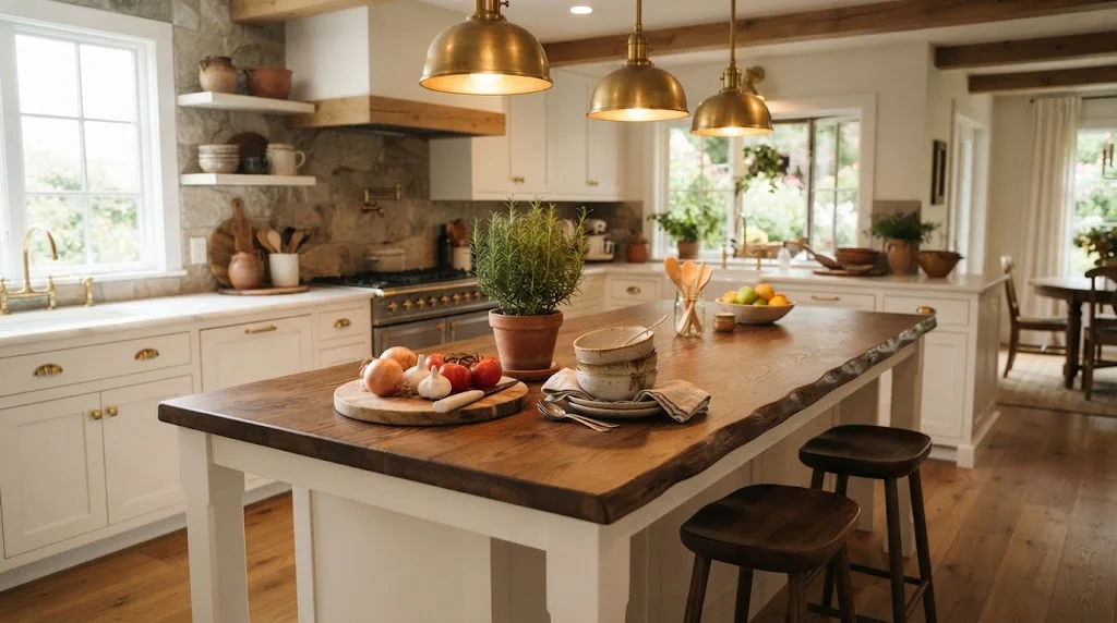 A wide-angle photo of a solid wood kitchen island featuring a potted herb plant, a cutting board with produce, and warm brass pendant lights overhead.