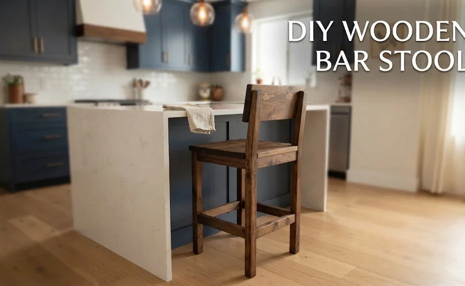 Stained wooden bar stool with a backrest tucked against a modern kitchen island.