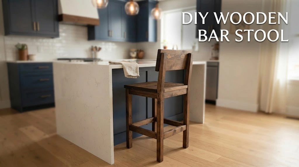 Stained wooden bar stool with a backrest tucked against a modern kitchen island.