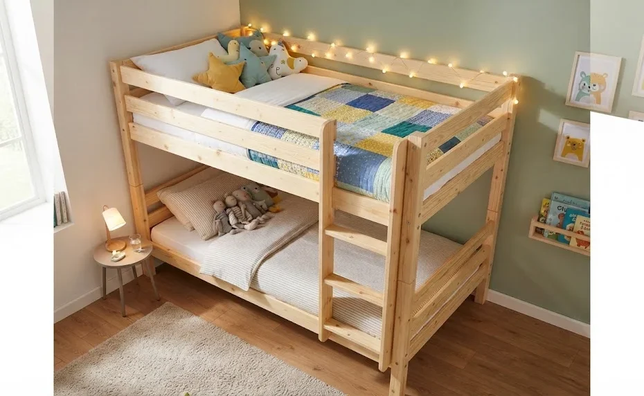 A high-angle photo of a completed wooden bunk bed in a child's room, featuring colorful patchwork bedding, star-shaped pillows, and a string of warm fairy lights on the top guardrail.
