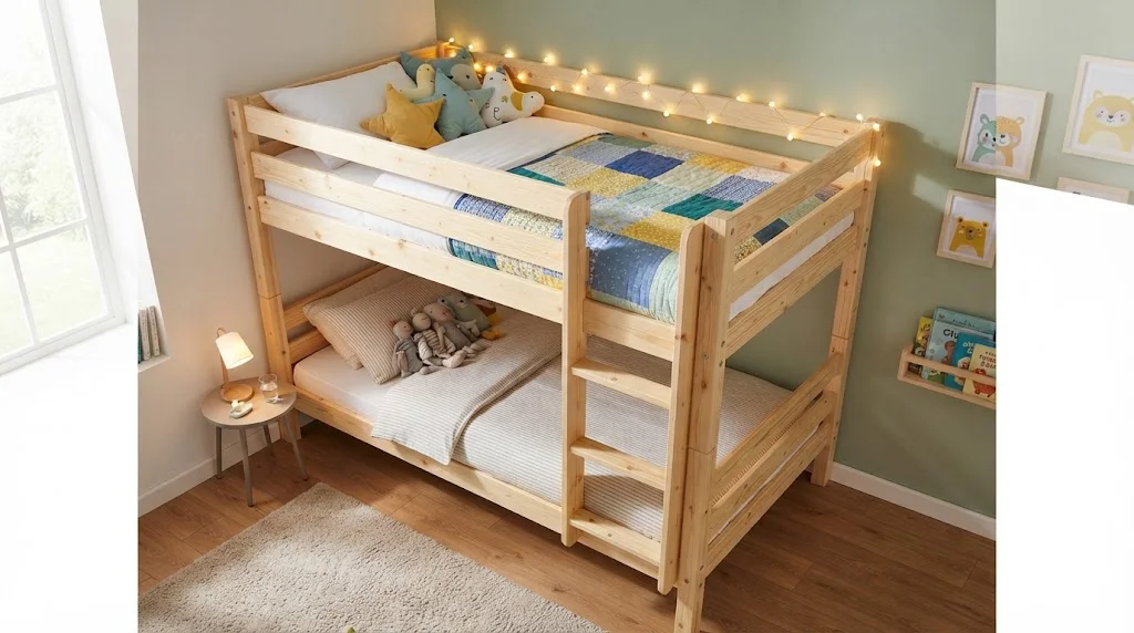 A high-angle photo of a completed wooden bunk bed in a child's room, featuring colorful patchwork bedding, star-shaped pillows, and a string of warm fairy lights on the top guardrail.