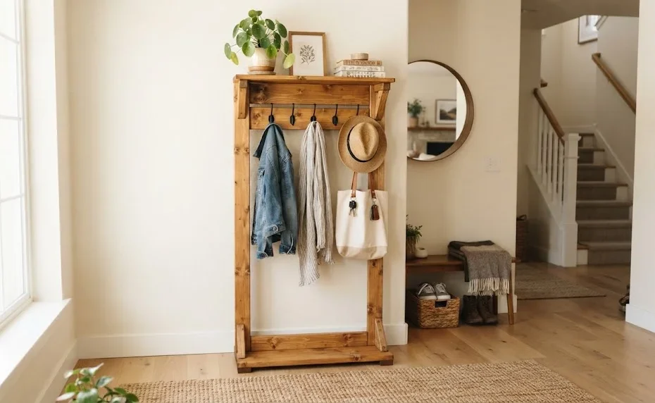 A finished wooden coat rack stand placed in a bright, modern entryway, styled with hanging jackets, a woven hat, and a small potted plant on top.