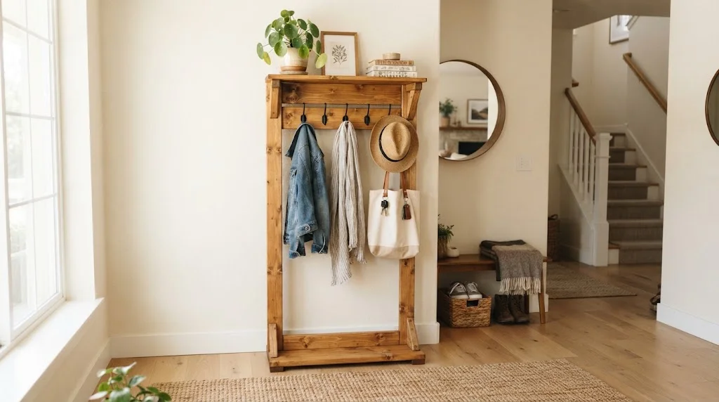 A finished wooden coat rack stand placed in a bright, modern entryway, styled with hanging jackets, a woven hat, and a small potted plant on top.